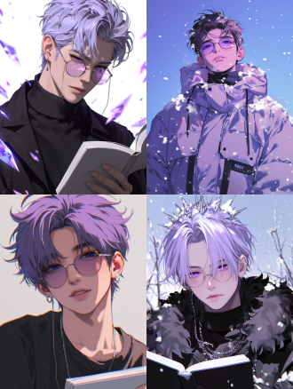 紫蓝色调，美男，钻石环境，复杂细节，大眼睛，长睫毛，神情冷酷,全身细节，手持一本书，在冰雪世界中，下着雪，孤身一人，周围有一些看不见的恐怖，带着眼镜，神色嘲讽，眼神嘲弄，