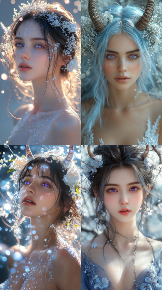 好身材美女，蓝白渐变长发紫眸少女，戴花与角饰，着镭射露肤裙，站杂志文字平面，散落白花，全景，时尚华丽，高质量。 元神 极简主义 干净背景 镜头光晕 镭射糖果纸 极简主义 干净背景 镜头光晕 镭射糖果纸