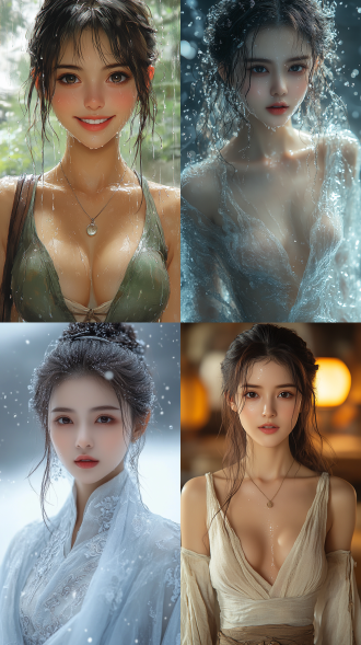 美丽的东方女孩，微笑的表情里洋溢着自信，优雅，丝绸服装，牛奶般丝滑，长腿，健康的手指，动作柔美，细节清晰，武侠cg风格，卷曲的短发，水滴，舒缓她的面部和皮肤，具有出色的物理效果和丰富的细节，冷色调，富有诗意，烟雾与炫彩，幻想背景，8k画质，大师级摄影作品，