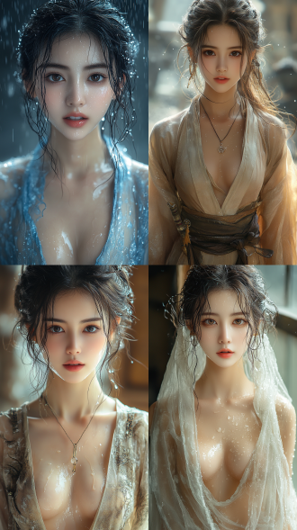 美丽的东方女孩，微笑的表情里洋溢着自信，优雅，丝绸服装，牛奶般丝滑，长腿，健康的手指，动作柔美，细节清晰，武侠cg风格，卷曲的短发，水滴，舒缓她的面部和皮肤，具有出色的物理效果和丰富的细节，冷色调，富有诗意，烟雾与炫彩，幻想背景，8k画质，大师级摄影作品，