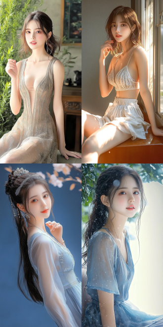 美丽的东方女孩，侧面蹲坐在沙发上，长裙，长腿，手势，健康的手指，细节清晰，武侠服装cg风格，服装，微笑的表情里洋溢着自信，卷曲的短发，水滴，精致的面部和皮肤，具有出色的物理效果和丰富的细节，冷色调，富有诗意，8k画质，大师级摄影作品，