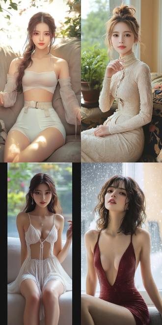 美丽的东方女孩，侧面蹲坐在沙发上，长裙，长腿，手势，健康的手指，细节清晰，武侠服装cg风格，服装，微笑的表情里洋溢着自信，卷曲的短发，水滴，精致的面部和皮肤，具有出色的物理效果和丰富的细节，冷色调，富有诗意，8k画质，大师级摄影作品，