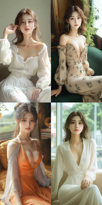 美丽的东方女孩，侧面蹲坐在沙发上，长裙，长腿，手势，健康的手指，细节清晰，武侠服装cg风格，服装，微笑的表情里洋溢着自信，卷曲的短发，水滴，精致的面部和皮肤，具有出色的物理效果和丰富的细节，冷色调，富有诗意，8k画质，大师级摄影作品，