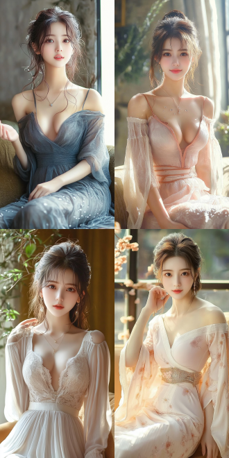 美丽的东方女孩，侧面蹲坐在沙发上，长裙，长腿，手势，健康的手指，细节清晰，武侠服装cg风格，服装，微笑的表情里洋溢着自信，卷曲的短发，水滴，精致的面部和皮肤，具有出色的物理效果和丰富的细节，冷色调，富有诗意，8k画质，大师级摄影作品，