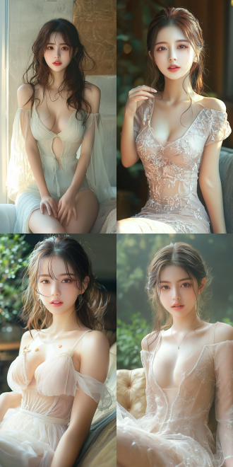 美丽的东方女孩，侧面蹲坐在沙发上，长裙，长腿，手势，健康的手指，细节清晰，武侠服装cg风格，服装，微笑的表情里洋溢着自信，卷曲的短发，水滴，精致的面部和皮肤，具有出色的物理效果和丰富的细节，冷色调，富有诗意，8k画质，大师级摄影作品，