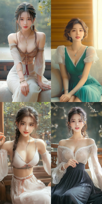 美丽的东方女孩，侧面蹲坐在沙发上，长裙，长腿，手势，健康的手指，细节清晰，武侠服装cg风格，服装，微笑的表情里洋溢着自信，卷曲的短发，水滴，精致的面部和皮肤，具有出色的物理效果和丰富的细节，冷色调，富有诗意，8k画质，大师级摄影作品，