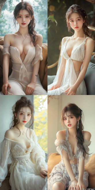 美丽的东方女孩，侧面蹲坐在沙发上，长裙，长腿，手势，健康的手指，细节清晰，武侠服装cg风格，服装，微笑的表情里洋溢着自信，卷曲的短发，水滴，精致的面部和皮肤，具有出色的物理效果和丰富的细节，冷色调，富有诗意，8k画质，大师级摄影作品，