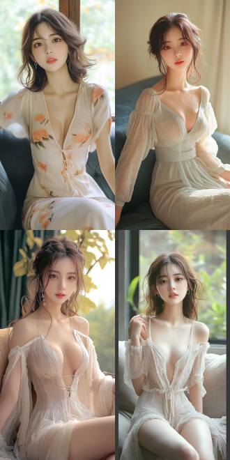 美丽的东方女孩，侧面蹲坐在沙发上，长裙，长腿，手势，健康的手指，细节清晰，武侠服装cg风格，服装，微笑的表情里洋溢着自信，卷曲的短发，水滴，精致的面部和皮肤，具有出色的物理效果和丰富的细节，冷色调，富有诗意，8k画质，大师级摄影作品，