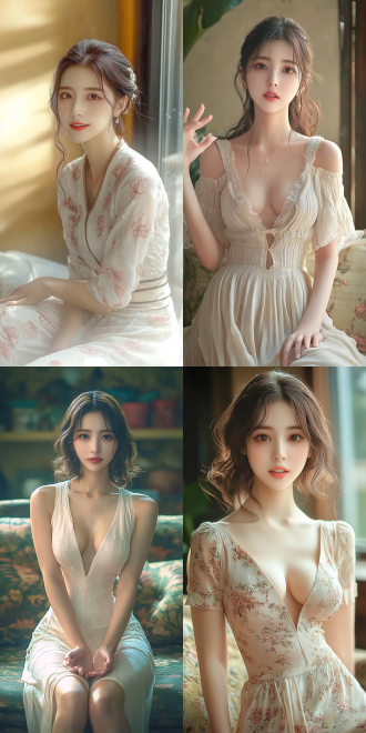 美丽的东方女孩，侧面蹲坐在沙发上，长裙，长腿，手势，健康的手指，细节清晰，武侠服装cg风格，服装，微笑的表情里洋溢着自信，卷曲的短发，水滴，精致的面部和皮肤，具有出色的物理效果和丰富的细节，冷色调，富有诗意，8k画质，大师级摄影作品，