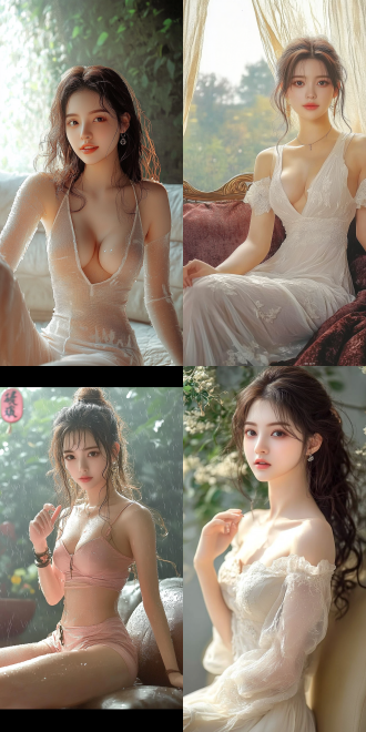 美丽的东方女孩，侧面蹲坐在沙发上，长裙，长腿，手势，健康的手指，细节清晰，武侠服装cg风格，服装，微笑的表情里洋溢着自信，卷曲的短发，水滴，精致的面部和皮肤，具有出色的物理效果和丰富的细节，冷色调，富有诗意，8k画质，大师级摄影作品，