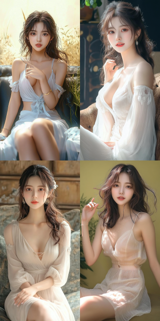 美丽的东方女孩，侧面蹲坐在沙发上，长裙，长腿，手势，健康的手指，细节清晰，武侠服装cg风格，服装，微笑的表情里洋溢着自信，卷曲的短发，水滴，精致的面部和皮肤，具有出色的物理效果和丰富的细节，冷色调，富有诗意，8k画质，大师级摄影作品，