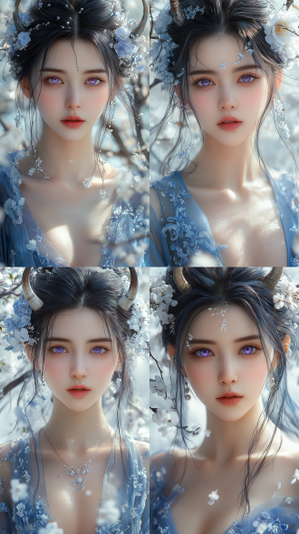 好身材美女，蓝白渐变长发紫眸少女，戴花与角饰，着镭射露肤裙，站杂志文字平面，散落白花，全景，时尚华丽，高质量。 元神 极简主义 干净背景 镜头光晕 镭射糖果纸 极简主义 干净背景 镜头光晕 镭射糖果纸