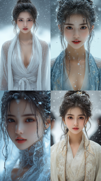 美丽的东方女孩，微笑的表情里洋溢着自信，优雅，丝绸服装，牛奶般丝滑，长腿，健康的手指，动作柔美，细节清晰，武侠cg风格，卷曲的短发，水滴，舒缓她的面部和皮肤，具有出色的物理效果和丰富的细节，冷色调，富有诗意，烟雾与炫彩，幻想背景，8k画质，大师级摄影作品，