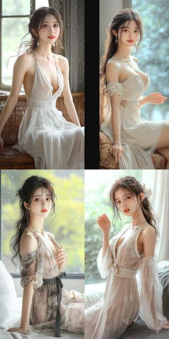 美丽的东方女孩，侧面蹲坐在沙发上，长裙，长腿，手势，健康的手指，细节清晰，武侠服装cg风格，服装，微笑的表情里洋溢着自信，卷曲的短发，水滴，舒缓她的面部和皮肤，具有出色的物理效果和丰富的细节，冷色调，富有诗意，8k画质，大师级摄影作品，