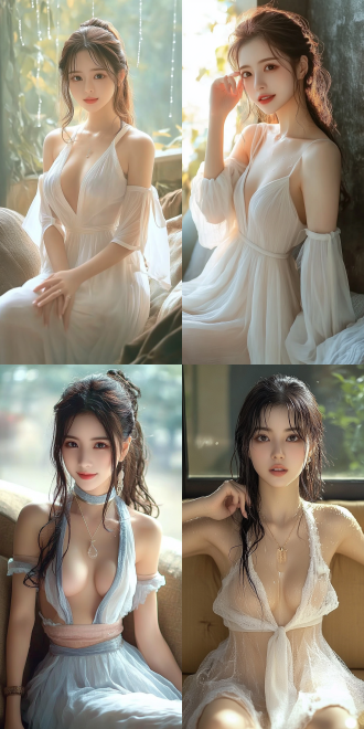 美丽的东方女孩，侧面蹲坐在沙发上，长裙，长腿，手势，健康的手指，细节清晰，武侠服装cg风格，服装，微笑的表情里洋溢着自信，卷曲的短发，水滴，精致的面部和皮肤，具有出色的物理效果和丰富的细节，冷色调，富有诗意，8k画质，大师级摄影作品，