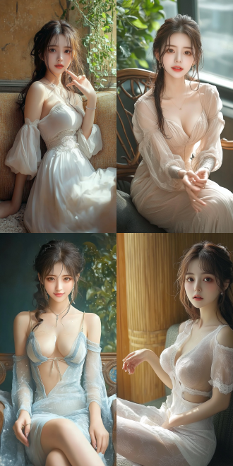 美丽的东方女孩，侧面蹲坐在沙发上，长裙，长腿，手势，健康的手指，细节清晰，武侠服装cg风格，服装，微笑的表情里洋溢着自信，卷曲的短发，水滴，精致的面部和皮肤，具有出色的物理效果和丰富的细节，冷色调，富有诗意，8k画质，大师级摄影作品，