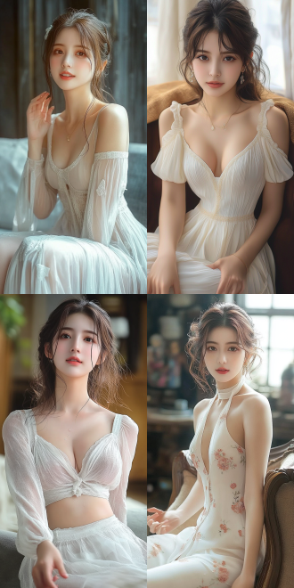 美丽的东方女孩，侧面蹲坐在沙发上，长裙，长腿，手势，健康的手指，细节清晰，武侠服装cg风格，服装，微笑的表情里洋溢着自信，卷曲的短发，水滴，精致的面部和皮肤，具有出色的物理效果和丰富的细节，冷色调，富有诗意，8k画质，大师级摄影作品，