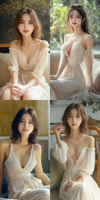 美丽的东方女孩，侧面蹲坐在沙发上，长裙，长腿，手势，健康的手指，细节清晰，武侠服装cg风格，服装，微笑的表情里洋溢着自信，卷曲的短发，水滴，精致的面部和皮肤，具有出色的物理效果和丰富的细节，冷色调，富有诗意，8k画质，大师级摄影作品，