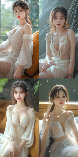 美丽的东方女孩，侧面蹲坐在沙发上，长裙，长腿，手势，健康的手指，细节清晰，武侠服装cg风格，服装，微笑的表情里洋溢着自信，卷曲的短发，水滴，精致的面部和皮肤，具有出色的物理效果和丰富的细节，冷色调，富有诗意，8k画质，大师级摄影作品，