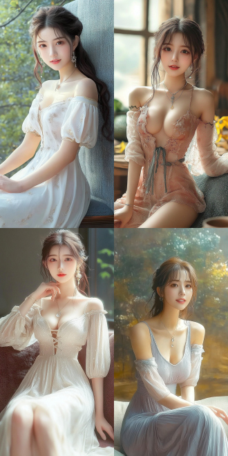 美丽的东方女孩，侧面蹲坐在沙发上，长裙，长腿，手势，健康的手指，细节清晰，武侠服装cg风格，服装，微笑的表情里洋溢着自信，卷曲的短发，水滴，精致的面部和皮肤，具有出色的物理效果和丰富的细节，冷色调，富有诗意，8k画质，大师级摄影作品，