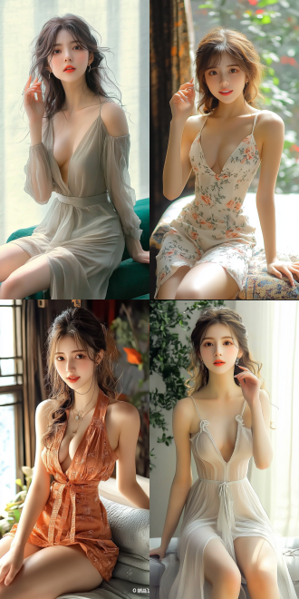 美丽的东方女孩，侧面蹲坐在沙发上，长裙，长腿，手势，健康的手指，细节清晰，武侠服装cg风格，服装，微笑的表情里洋溢着自信，卷曲的短发，水滴，精致的面部和皮肤，具有出色的物理效果和丰富的细节，冷色调，富有诗意，8k画质，大师级摄影作品，