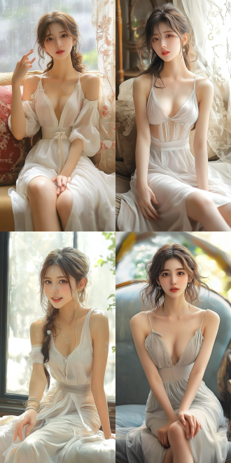 美丽的东方女孩，侧面蹲坐在沙发上，长裙，长腿，手势，健康的手指，细节清晰，武侠服装cg风格，服装，微笑的表情里洋溢着自信，卷曲的短发，水滴，舒缓她的面部和皮肤，具有出色的物理效果和丰富的细节，冷色调，富有诗意，8k画质，大师级摄影作品，