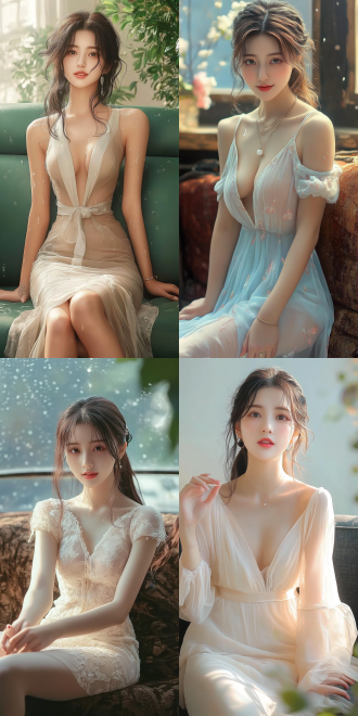 美丽的东方女孩，侧面蹲坐在沙发上，长裙，长腿，手势，健康的手指，细节清晰，武侠服装cg风格，服装，微笑的表情里洋溢着自信，卷曲的短发，水滴，精致的面部和皮肤，具有出色的物理效果和丰富的细节，冷色调，富有诗意，8k画质，大师级摄影作品，