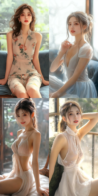 美丽的东方女孩，侧面蹲坐在沙发上，长裙，长腿，手势，健康的手指，细节清晰，武侠服装cg风格，服装，微笑的表情里洋溢着自信，卷曲的短发，水滴，舒缓她的面部和皮肤，具有出色的物理效果和丰富的细节，冷色调，富有诗意，8k画质，大师级摄影作品，