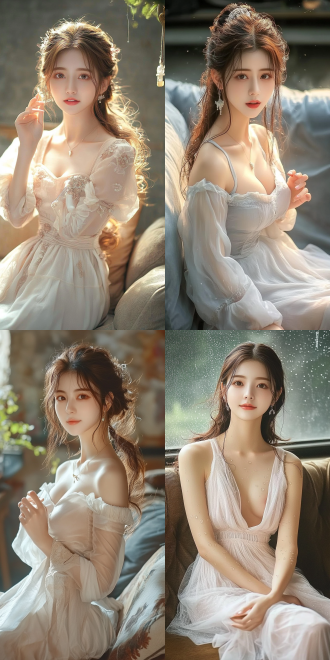 美丽的东方女孩，侧面蹲坐在沙发上，长裙，长腿，手势，健康的手指，细节清晰，武侠服装cg风格，服装，微笑的表情里洋溢着自信，卷曲的短发，水滴，精致的面部和皮肤，具有出色的物理效果和丰富的细节，冷色调，富有诗意，8k画质，大师级摄影作品，