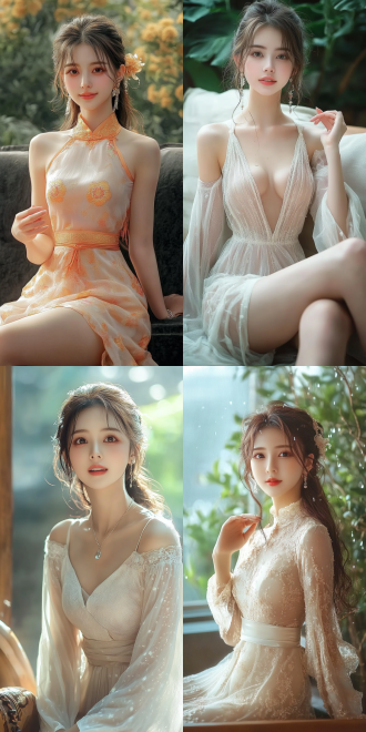 美丽的东方女孩，侧面蹲坐在沙发上，长裙，长腿，手势，健康的手指，细节清晰，武侠服装cg风格，服装，微笑的表情里洋溢着自信，卷曲的短发，水滴，精致的面部和皮肤，具有出色的物理效果和丰富的细节，冷色调，富有诗意，8k画质，大师级摄影作品，