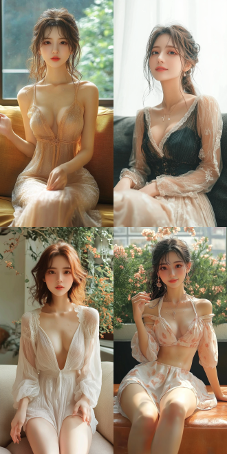 美丽的东方女孩，侧面蹲坐在沙发上，长裙，长腿，手势，健康的手指，细节清晰，武侠服装cg风格，服装，微笑的表情里洋溢着自信，卷曲的短发，水滴，精致的面部和皮肤，具有出色的物理效果和丰富的细节，冷色调，富有诗意，8k画质，大师级摄影作品，