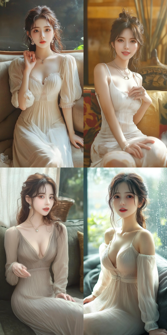 美丽的东方女孩，侧面蹲坐在沙发上，长裙，长腿，手势，健康的手指，细节清晰，武侠服装cg风格，服装，微笑的表情里洋溢着自信，卷曲的短发，水滴，精致的面部和皮肤，具有出色的物理效果和丰富的细节，冷色调，富有诗意，8k画质，大师级摄影作品，