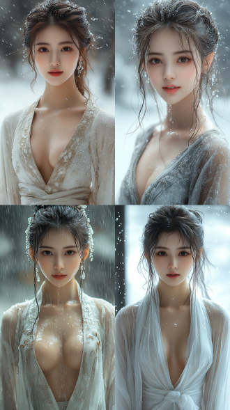 美丽的东方女孩，微笑的表情里洋溢着自信，优雅，丝绸服装，牛奶般丝滑，长腿，健康的手指，动作柔美，细节清晰，武侠cg风格，卷曲的短发，水滴，舒缓她的面部和皮肤，具有出色的物理效果和丰富的细节，冷色调，富有诗意，烟雾与炫彩，幻想背景，8k画质，大师级摄影作品，