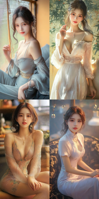 美丽的东方女孩，侧面蹲坐在沙发上，长裙，长腿，手势，健康的手指，细节清晰，武侠服装cg风格，服装，微笑的表情里洋溢着自信，卷曲的短发，水滴，精致的面部和皮肤，具有出色的物理效果和丰富的细节，冷色调，富有诗意，8k画质，大师级摄影作品，