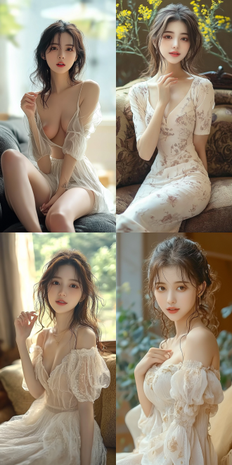 美丽的东方女孩，侧面蹲坐在沙发上，长裙，长腿，手势，健康的手指，细节清晰，武侠服装cg风格，服装，微笑的表情里洋溢着自信，卷曲的短发，水滴，精致的面部和皮肤，具有出色的物理效果和丰富的细节，冷色调，富有诗意，8k画质，大师级摄影作品，