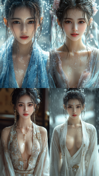 美丽的东方女孩，微笑的表情里洋溢着自信，优雅，丝绸服装，牛奶般丝滑，长腿，健康的手指，动作柔美，细节清晰，武侠cg风格，卷曲的短发，水滴，舒缓她的面部和皮肤，具有出色的物理效果和丰富的细节，冷色调，富有诗意，烟雾与炫彩，幻想背景，8k画质，大师级摄影作品，
