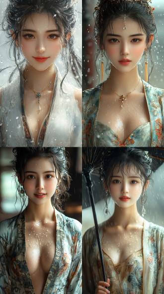 美丽的东方女孩，微笑的表情里洋溢着自信，优雅，丝绸服装，牛奶般丝滑，长腿，健康的手指，动作柔美，细节清晰，武侠cg风格，卷曲的短发，水滴，舒缓她的面部和皮肤，具有出色的物理效果和丰富的细节，冷色调，富有诗意，烟雾与炫彩，幻想背景，8k画质，大师级摄影作品，