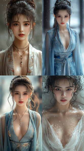 美丽的东方女孩，微笑的表情里洋溢着自信，优雅，丝绸服装，牛奶般丝滑，长腿，健康的手指，动作柔美，细节清晰，武侠cg风格，卷曲的短发，水滴，舒缓她的面部和皮肤，具有出色的物理效果和丰富的细节，冷色调，富有诗意，烟雾与炫彩，幻想背景，8k画质，大师级摄影作品，