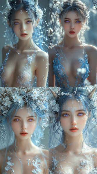 好身材美女，蓝白渐变长发紫眸少女，戴花与角饰，着镭射露肤裙，站杂志文字平面，散落白花，全景，时尚华丽，高质量。 元神 极简主义 干净背景 镜头光晕 镭射糖果纸 极简主义 干净背景 镜头光晕 镭射糖果纸