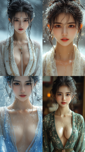 美丽的东方女孩，微笑的表情里洋溢着自信，优雅，丝绸服装，牛奶般丝滑，长腿，健康的手指，动作柔美，细节清晰，武侠cg风格，卷曲的短发，水滴，舒缓她的面部和皮肤，具有出色的物理效果和丰富的细节，冷色调，富有诗意，烟雾与炫彩，幻想背景，8k画质，大师级摄影作品，
