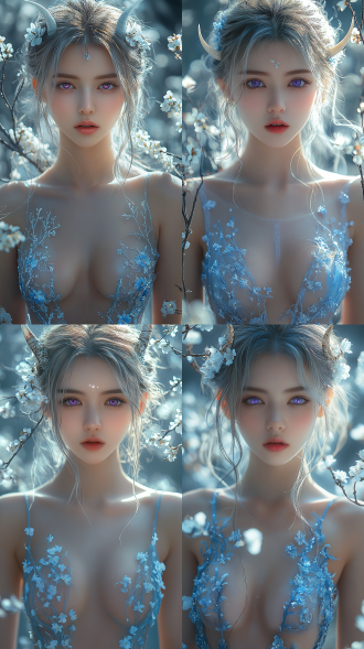 好身材美女，蓝白渐变长发紫眸少女，戴花与角饰，着镭射露肤裙，站杂志文字平面，散落白花，全景，时尚华丽，高质量。 元神 极简主义 干净背景 镜头光晕 镭射糖果纸 极简主义 干净背景 镜头光晕 镭射糖果纸