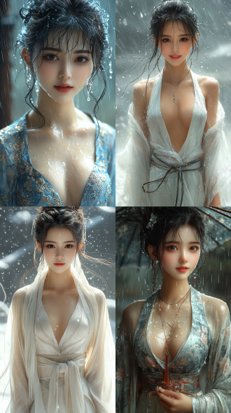 美丽的东方女孩，微笑的表情里洋溢着自信，优雅，丝绸服装，牛奶般丝滑，长腿，健康的手指，动作柔美，细节清晰，武侠cg风格，卷曲的短发，水滴，舒缓她的面部和皮肤，具有出色的物理效果和丰富的细节，冷色调，富有诗意，烟雾与炫彩，幻想背景，8k画质，大师级摄影作品，