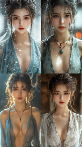 美丽的东方女孩，微笑的表情里洋溢着自信，优雅，丝绸服装，牛奶般丝滑，长腿，健康的手指，动作柔美，细节清晰，武侠cg风格，卷曲的短发，水滴，舒缓她的面部和皮肤，具有出色的物理效果和丰富的细节，冷色调，富有诗意，烟雾与炫彩，幻想背景，8k画质，大师级摄影作品，