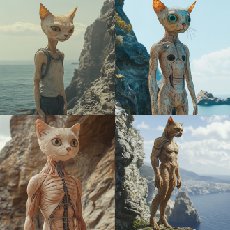 宫崎骏画风，人身猫头，8k,超清逼真细节，山崖旁