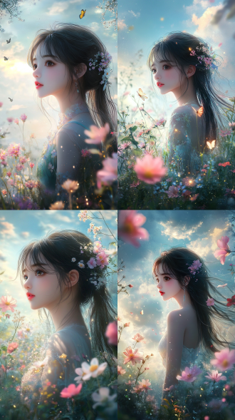 女子站在花卉中，全景，8k分辨率，天空鎏金云朵，宫崎骏画风