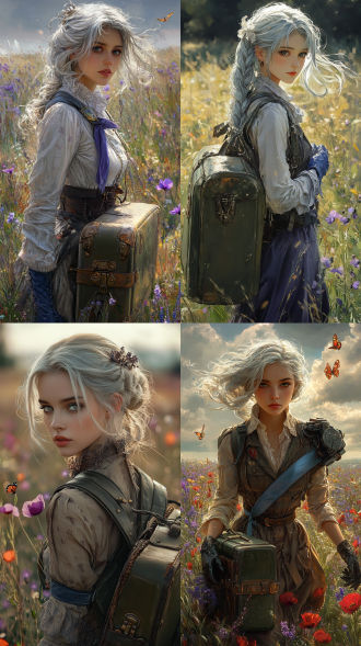 银绸长发在金色日光中泛起星芒，机械义肢的齿轮在薰衣草浪间若隐若现。她提着橄榄绿皮箱缓步而行，军装领口的鸢尾蓝缎带被南风托起，战靴碾碎的紫罗兰香气与矢车菊的呢喃缠绕着裙摆。琥珀色光斑透过蕾丝手套在她眼睫跳跃，像是要把那些未寄出的书信化作蝴蝶，让它们代替早已失去的双手，轻抚过每一片颤栗的虞美人花瓣。