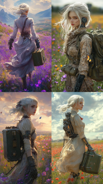 银绸长发在金色日光中泛起星芒，机械义肢的齿轮在薰衣草浪间若隐若现。她提着橄榄绿皮箱缓步而行，军装领口的鸢尾蓝缎带被南风托起，战靴碾碎的紫罗兰香气与矢车菊的呢喃缠绕着裙摆。琥珀色光斑透过蕾丝手套在她眼睫跳跃，像是要把那些未寄出的书信化作蝴蝶，让它们代替早已失去的双手，轻抚过每一片颤栗的虞美人花瓣。cg动漫，8k,唯美主义。超现实风格，夕阳余晖洒在衣领上