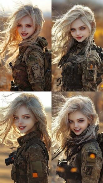 向镜头微笑，风舞动着头发，