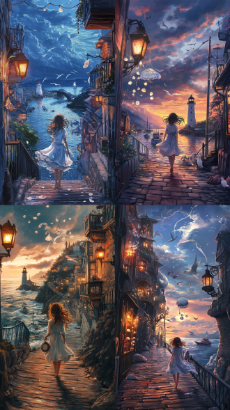 当海平线吞没最后一粒夕阳，蜿蜒的石板巷忽然涌起带着咸味的风。穿亚麻长裙的少女赤脚踏过潮湿的木栈道，发梢缠绕的贝壳风铃叮咚作响，惊起码头打盹的白尾鸥。她的琥珀色瞳孔里跃动着渔火，裙摆翻涌时露出缀满星砂的衬裙——那是昨夜人鱼赠予的离别礼。 铸铁路灯次第亮起的瞬间，整座山城活了过来。红砖烟囱吐出的炊烟化作盘旋的鲸鱼，晾晒在露台的靛蓝渔网簌簌抖落磷光，面包店老板娘哼着古谣推开雕花木窗，肉桂香气便乘着海雾漫过彩色玻璃穹顶。少女驻足在防波堤尽头，从褪色挎包取出半块月亮形状的怀表，浪花立刻幻化成透明的水母群，托起她向灯塔飘去。 铸铁齿轮开始转动的轰鸣声中，城墙苔藓间沉睡的蒸汽机械章鱼睁开宝石复眼。而少女正把发光的贝壳挨个嵌进灯塔砖缝，古老石墙顿时舒展成巨鲸的尾鳍，鳞片映照着对岸火山口飘来的樱吹雪。当第一颗星辰坠入她蓬松的栗色鬈发，整片海湾响起了温柔的和弦——原来是千万只银鱼在啄食暮色里溶解的云絮。