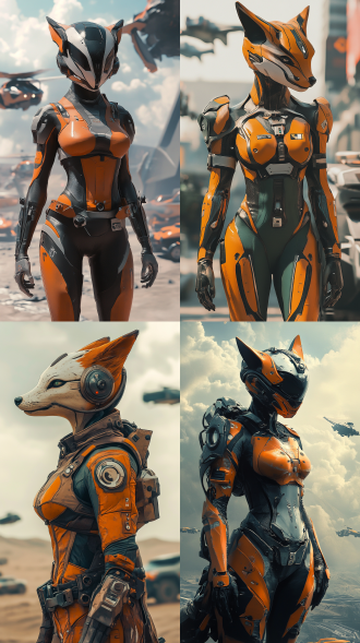 一位靓丽的女子，苗条的身材，极致的画面，20k,头是狐狸，穿着铠甲，铠甲富含高科技元素和新概念风格，铠甲是淡橙色与墨绿色完美结合，背景是废土风，荒漠，天空布满飞行的汽车，未来高科技汽车，全景，cg动漫，细节刻画，唯美且心驰神迷